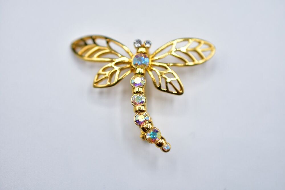 Butler Vintage Pin Brooch Gold Aurora Borealis Rhinestone Dragonfly Signed Bin7